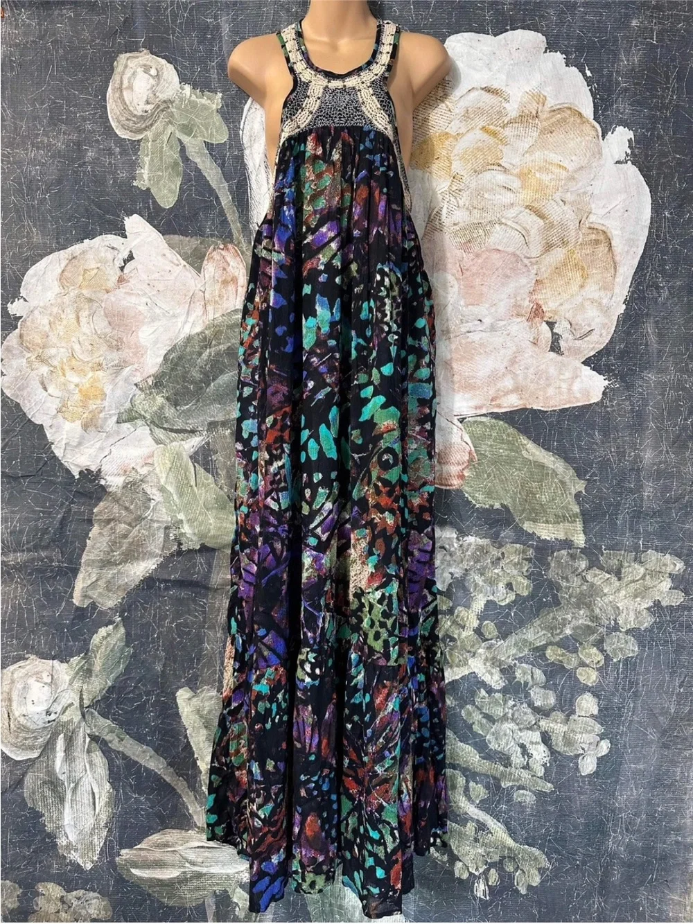 Free People Monarch Maxi dress Black Multicolor Crochet Yoke Maxi Dress Feminine
